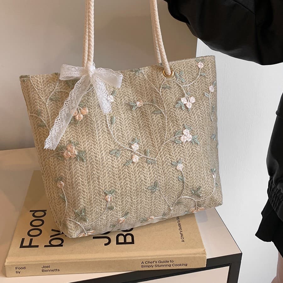 Summer large bag women's bag new 2024 lace bag straw woven shoulder bag large capacity portable woven casual handbag