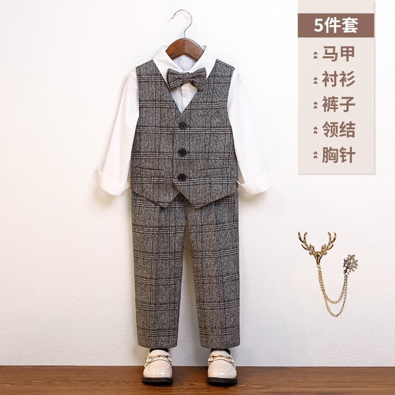 Kids Autumn Winter Suit British Plaid Vest Set Boys Birthday Flower Boy Ceremony Host Performance Costume