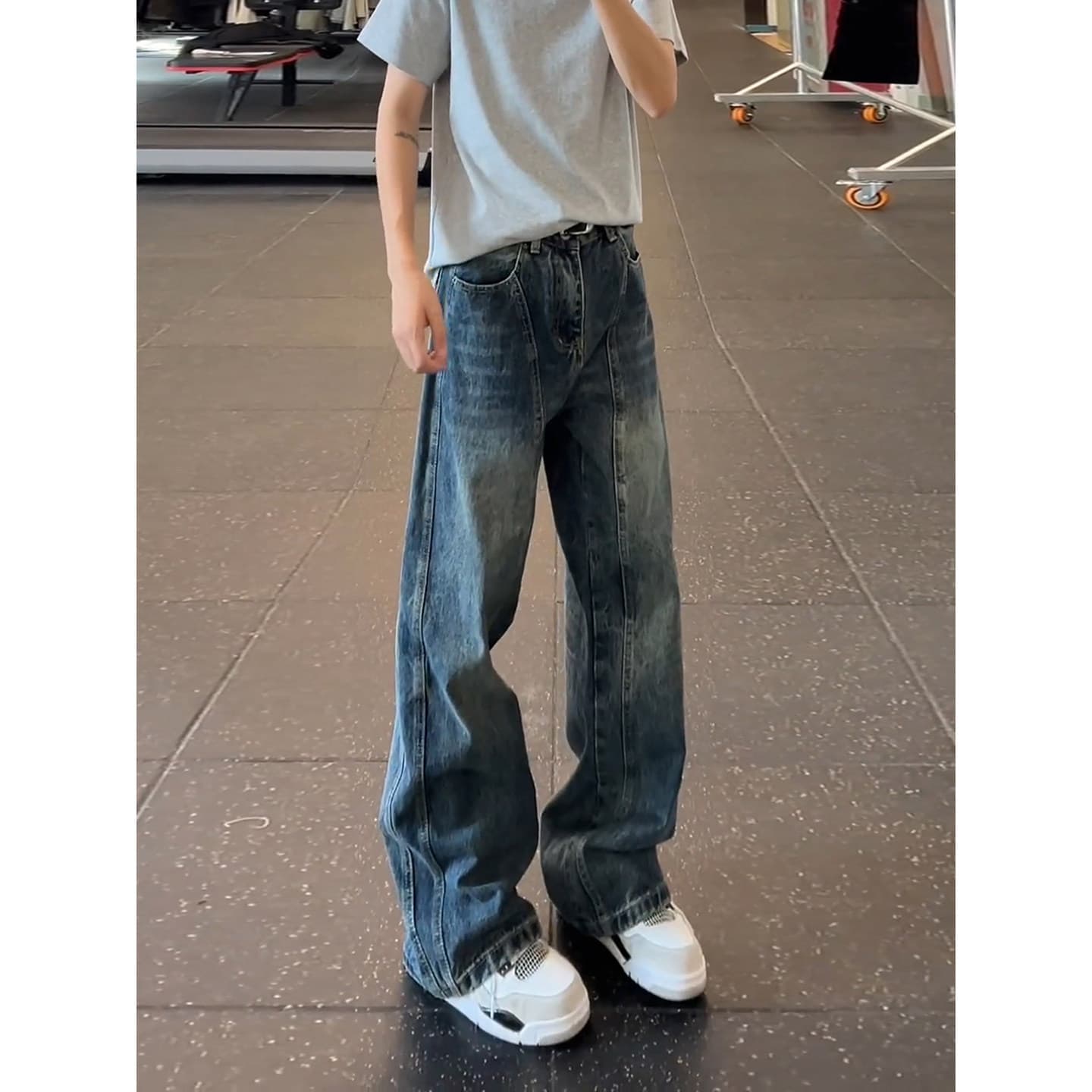 Vintage Washed Straight Leg Jeans for Men, Loose Fit American High Street Style, Trendy Patchwork Design Slimming Long Pants
