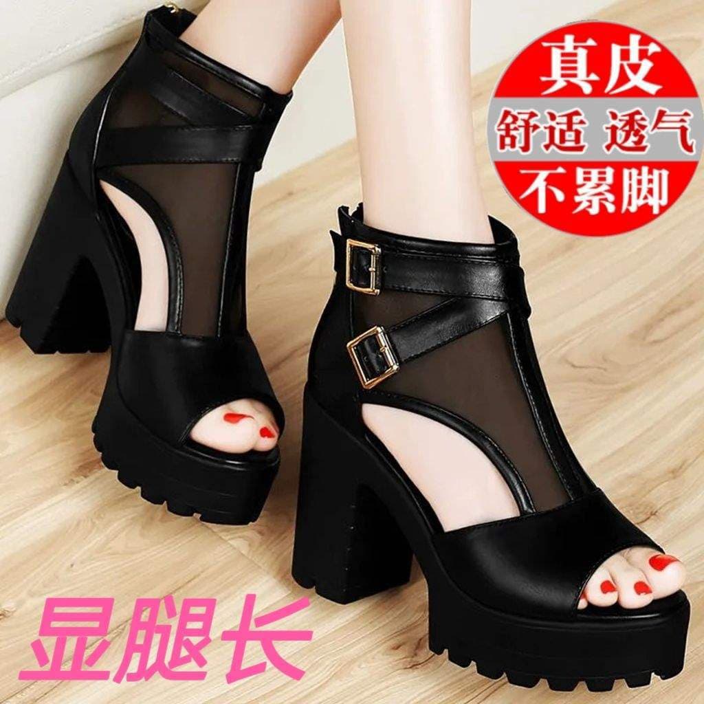 Brand High-Heeled Women's Sandals 2025 New Thick-Heeled Platform Peep-Toe Shoes Waterproof Platform Women's Summer Sandals Leather Shoes