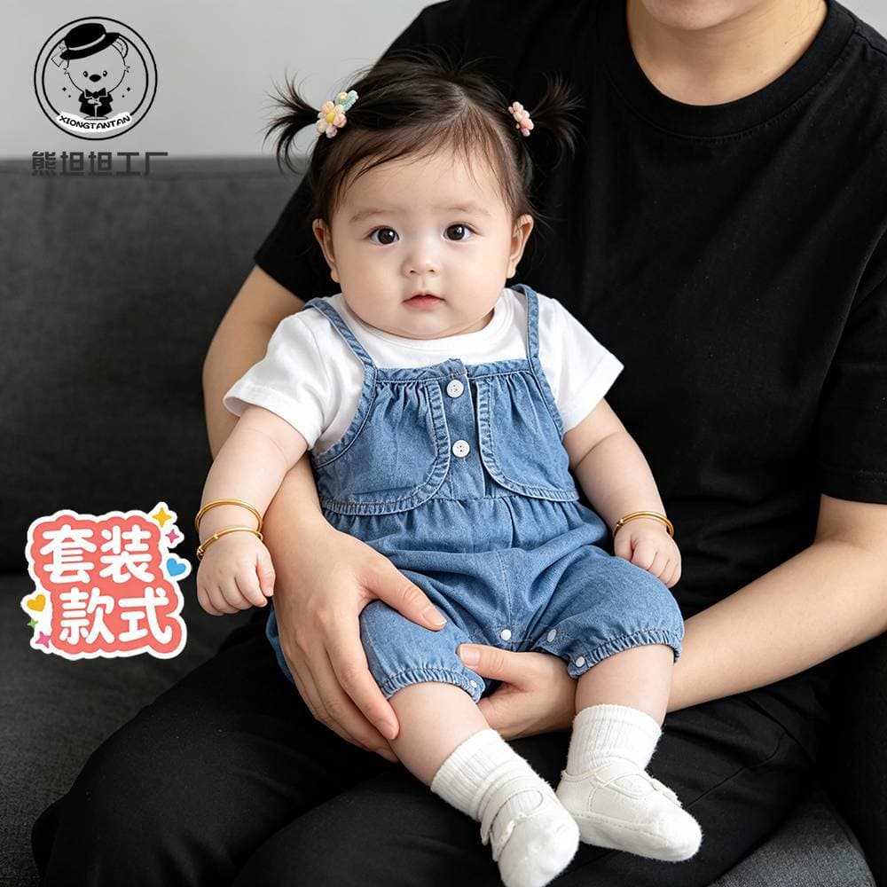 Baby girl denim jumpsuit summer thin baby summer clothes short-sleeved harem clothes super fashionable crawling clothes cute going out clothes