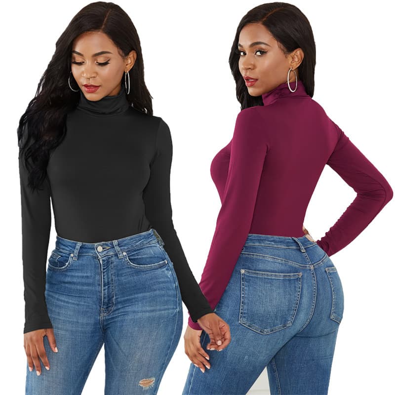 2026 Amazon Sexy Women's Clothing 12 Colors Long Sleeve High Neck Slim Fit Solid Color Bodysuit Winter