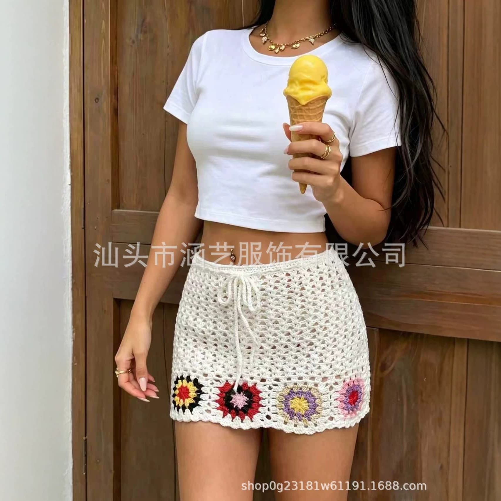 Bohemian Style Colorful Crochet Mini Skirt Mesh Crochet Beach Vacation Cover-Up Skirt