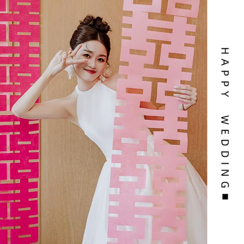 Wedding Room Decoration Set Pink Long Strip Double Happiness Wedding Party Supplies Background Wall Wedding Marriage Engagement Photo Hanging Ornaments
