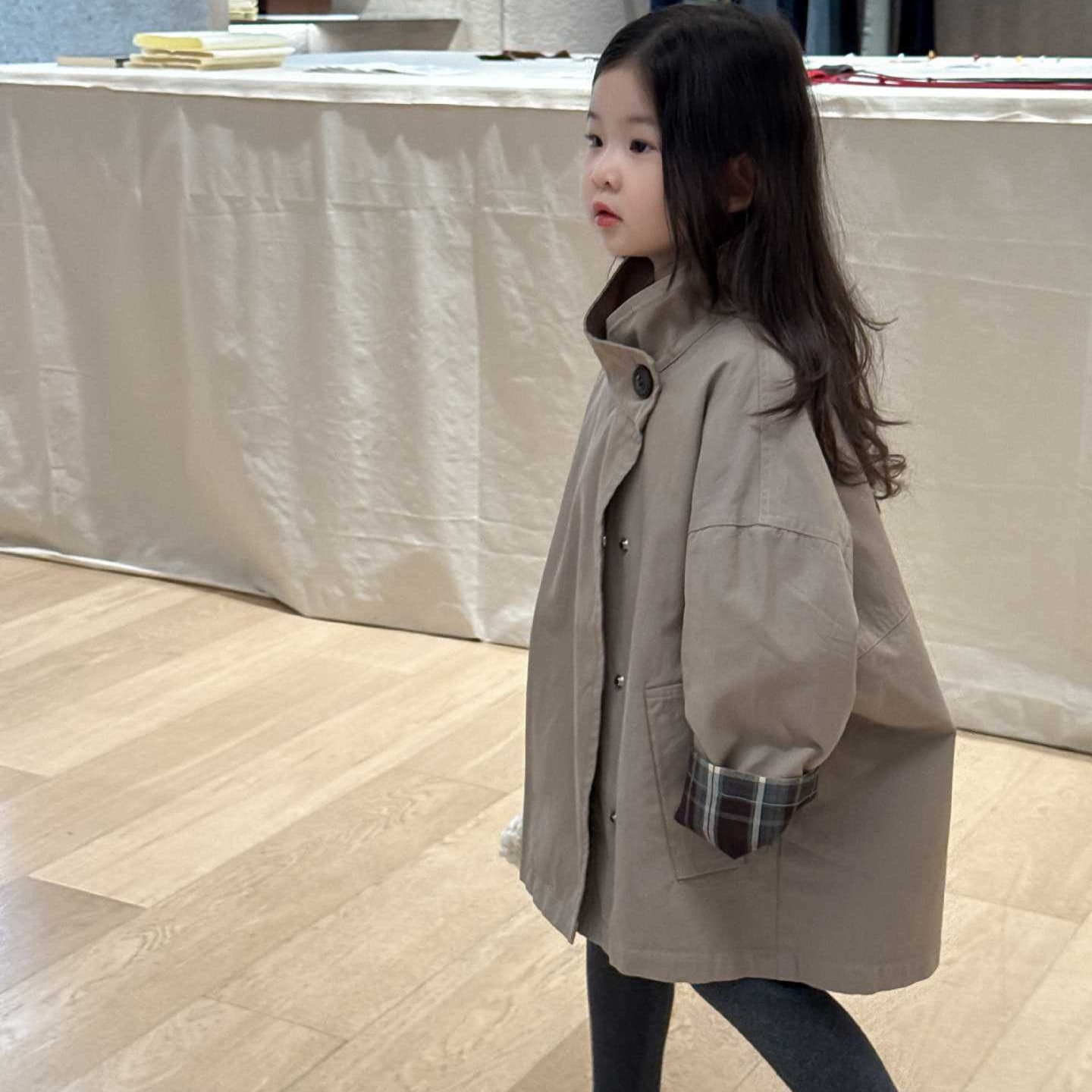 2025 Autumn New Children's Clothing, Korean Style, Girls' Stand Collar Single-Breasted Mid-Length Trench Coat, Children's Outerwear