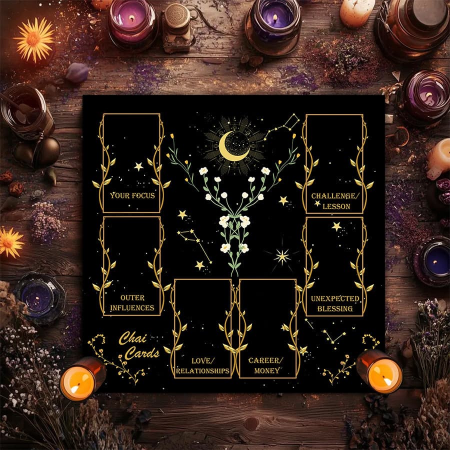 Cross-border hot-selling retro moon phase flower altar cloth five-star tarot card black oracle mat tarot tablecloth