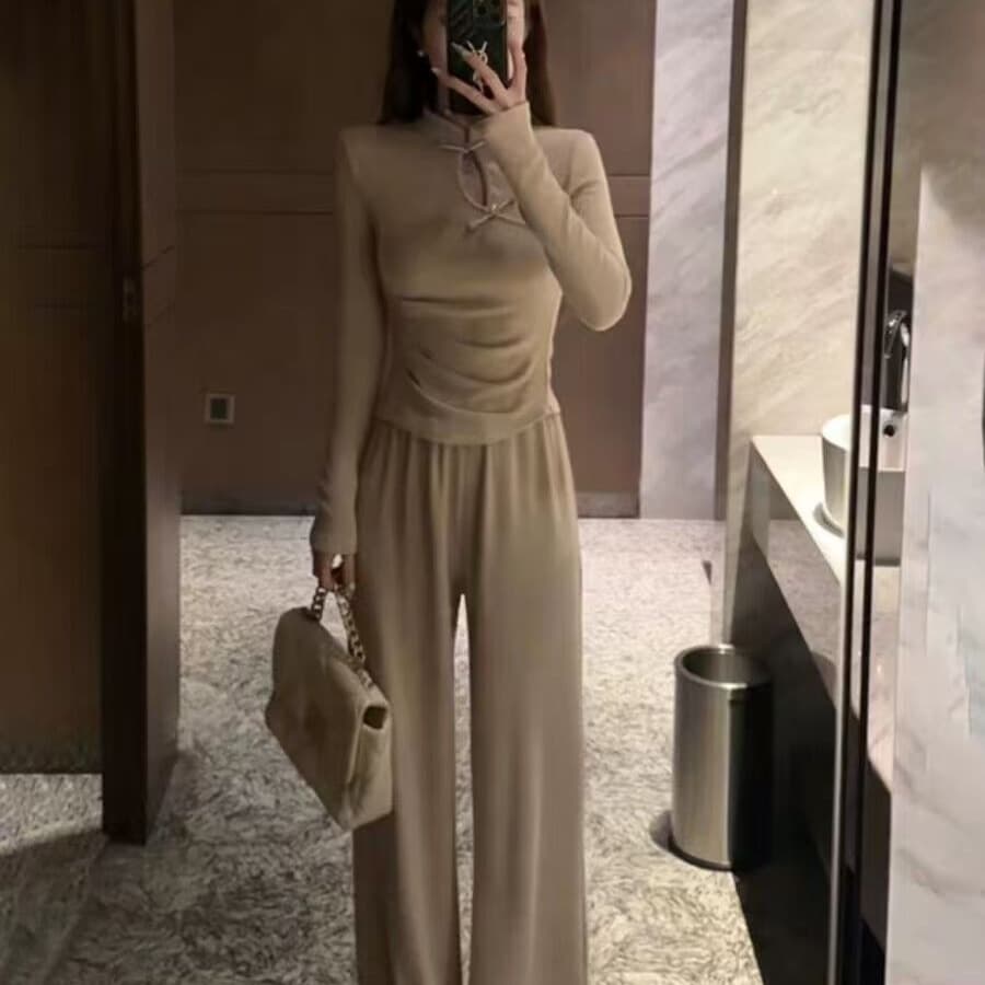 Autumn/Winter New Chinese-style Button Design Top High-waist Wide-leg Pants Set Women's Inner Slim Fit Fashion Two-piece Set