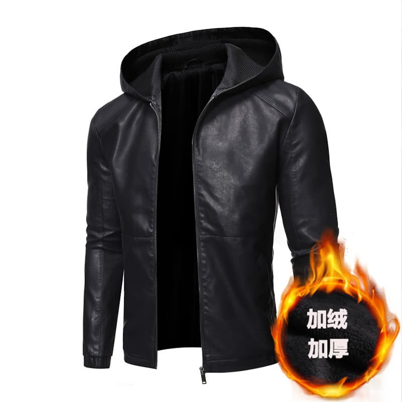 Cross-border autumn and winter new style velvet PU leather jacket casual fashion trend hooded leather jacket youth windproof motorcycle jacket
