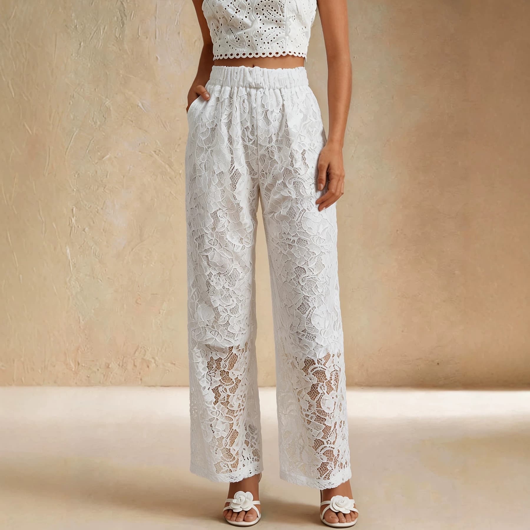 French Romantic Floral Lace Wide-Leg Pants High-Waist Elastic Waist Design Hollow Out Gentle Style Vacation Trousers