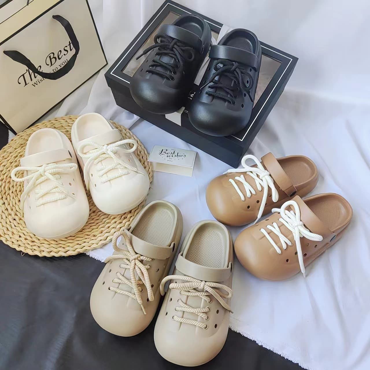 Fashion Women's Sandals 2024 Summer New Style Lace-Up Rhinestone Fashion Thick Sole Two-Way Wear Slide Sandals Outdoor Flat