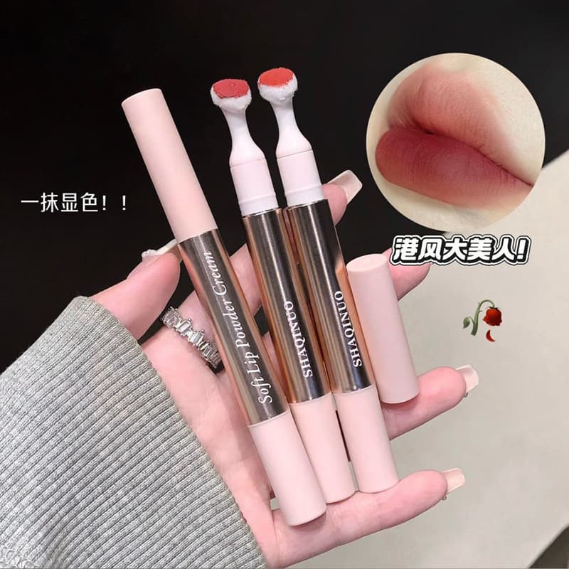 SHAQINUO Soft Lip Cream Powder, Glossy Lip Gloss, Matte Velvet Lip Glaze, Built-in Lip Brush, Youthful Lipstick for Students