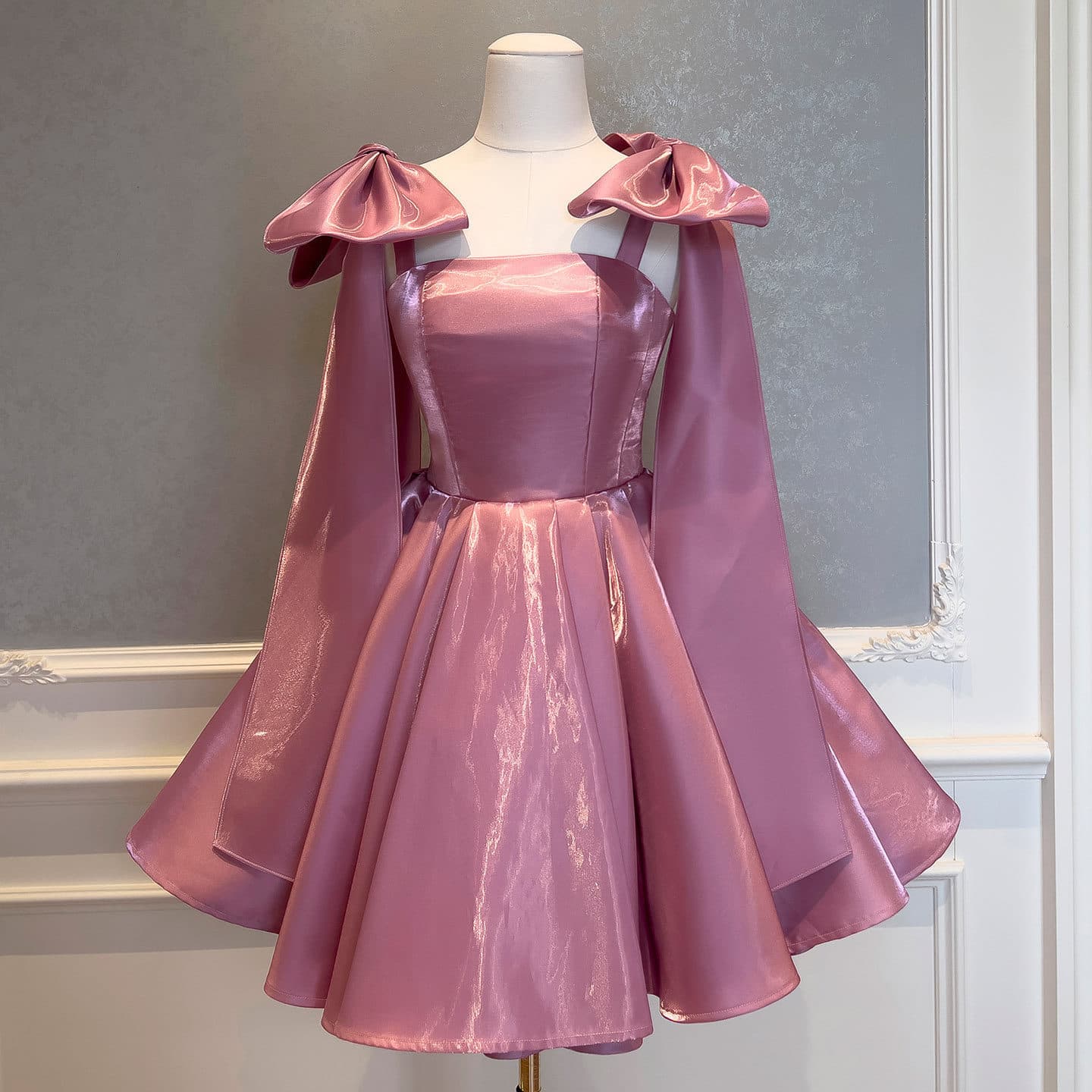Evening Dress 2026 Summer New Style Unique Pink Purple Bow Shoulder Decoration Back Tie Short Dress Banquet Gown