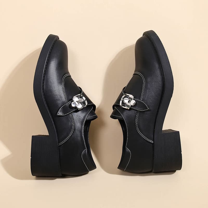 Sheepskin~British retro thick-soled thick-heeled camellia loafers for women with skirts, small leather shoes, commuting black shoes