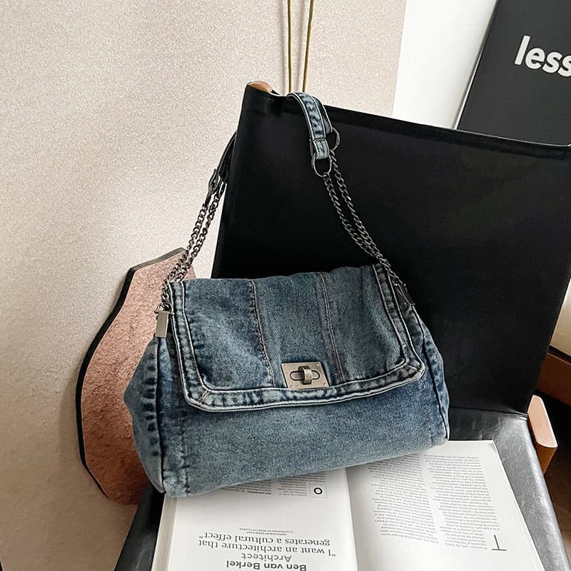 New Large Capacity Tote Bag with Chain Denim Crossbody Bag for Women Summer New Fashion Versatile Shoulder Bag