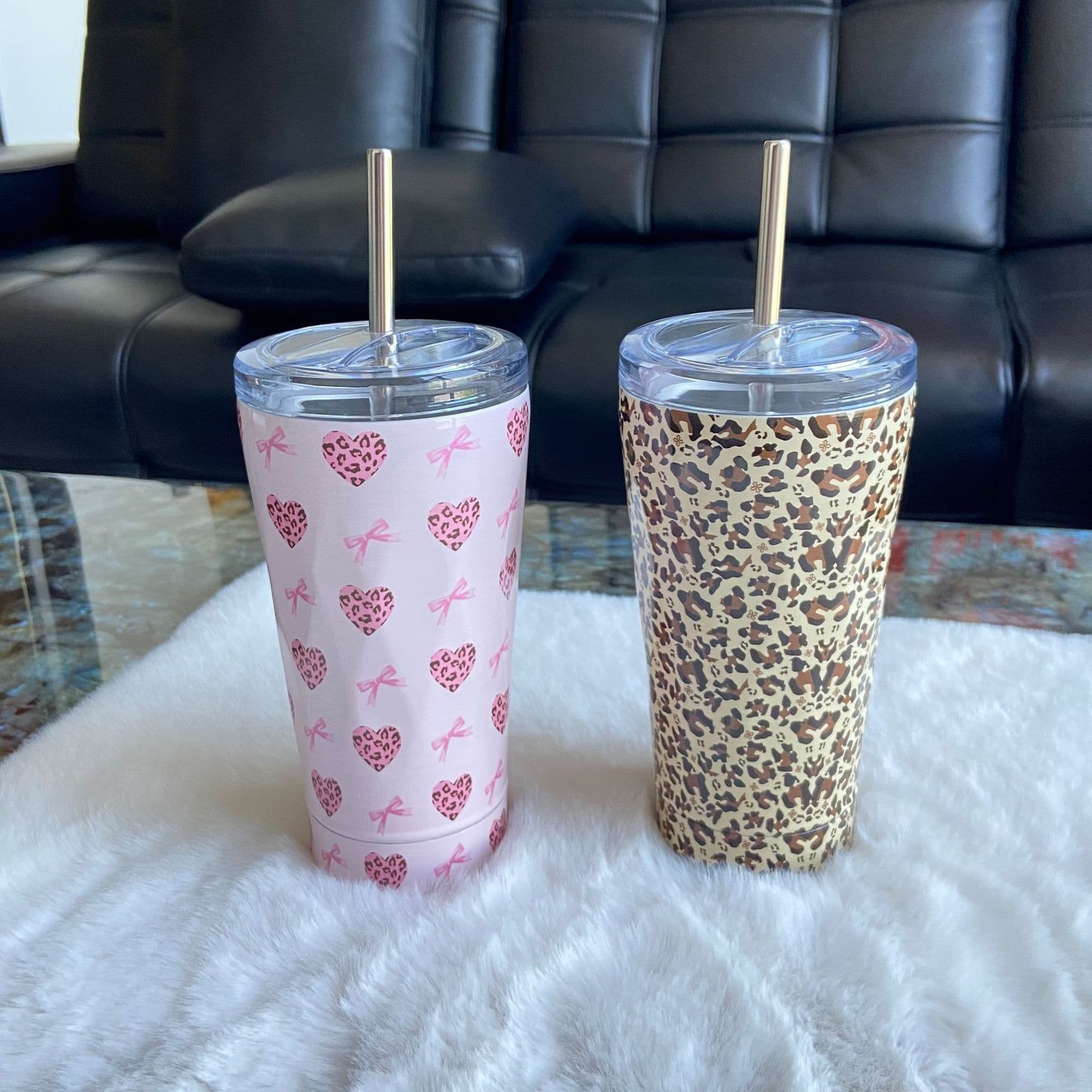 Love Leopard Print 304 Straw Cup High Appearance Large Capacity Leopard Water Cup Desktop Straw Cup Outdoor Portable Cup
