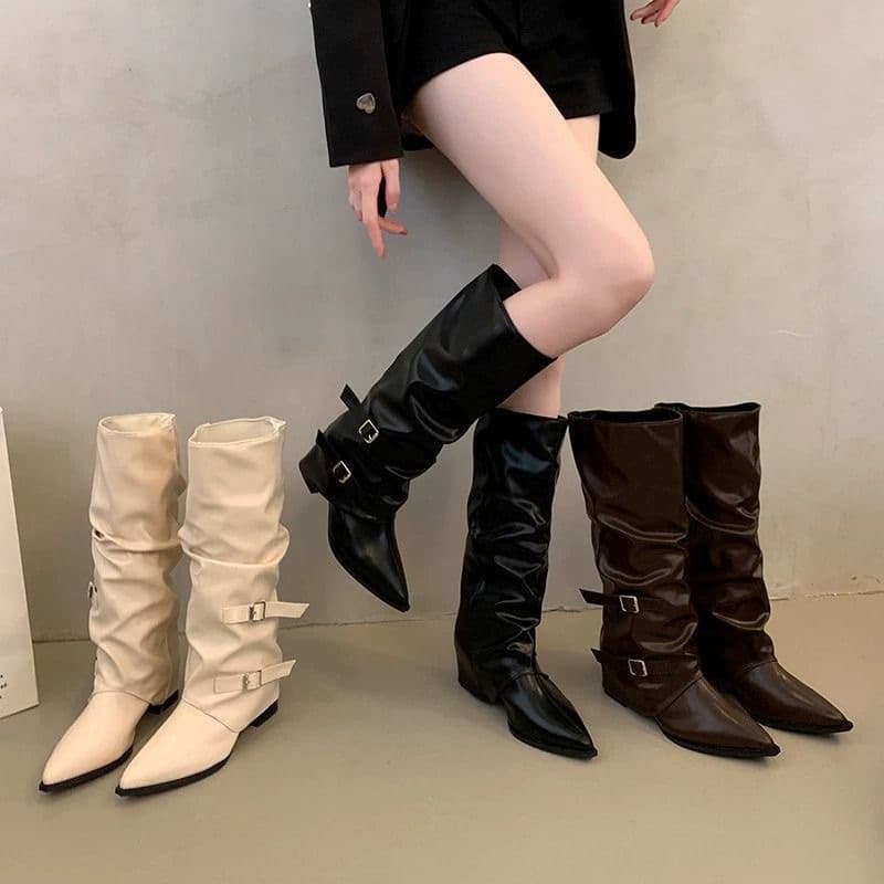 Chunky Heel High Boots for Women 2025 New Spring Autumn Pointed Toe Stacked Boots Long Boots Trousers Boots Riding Boots