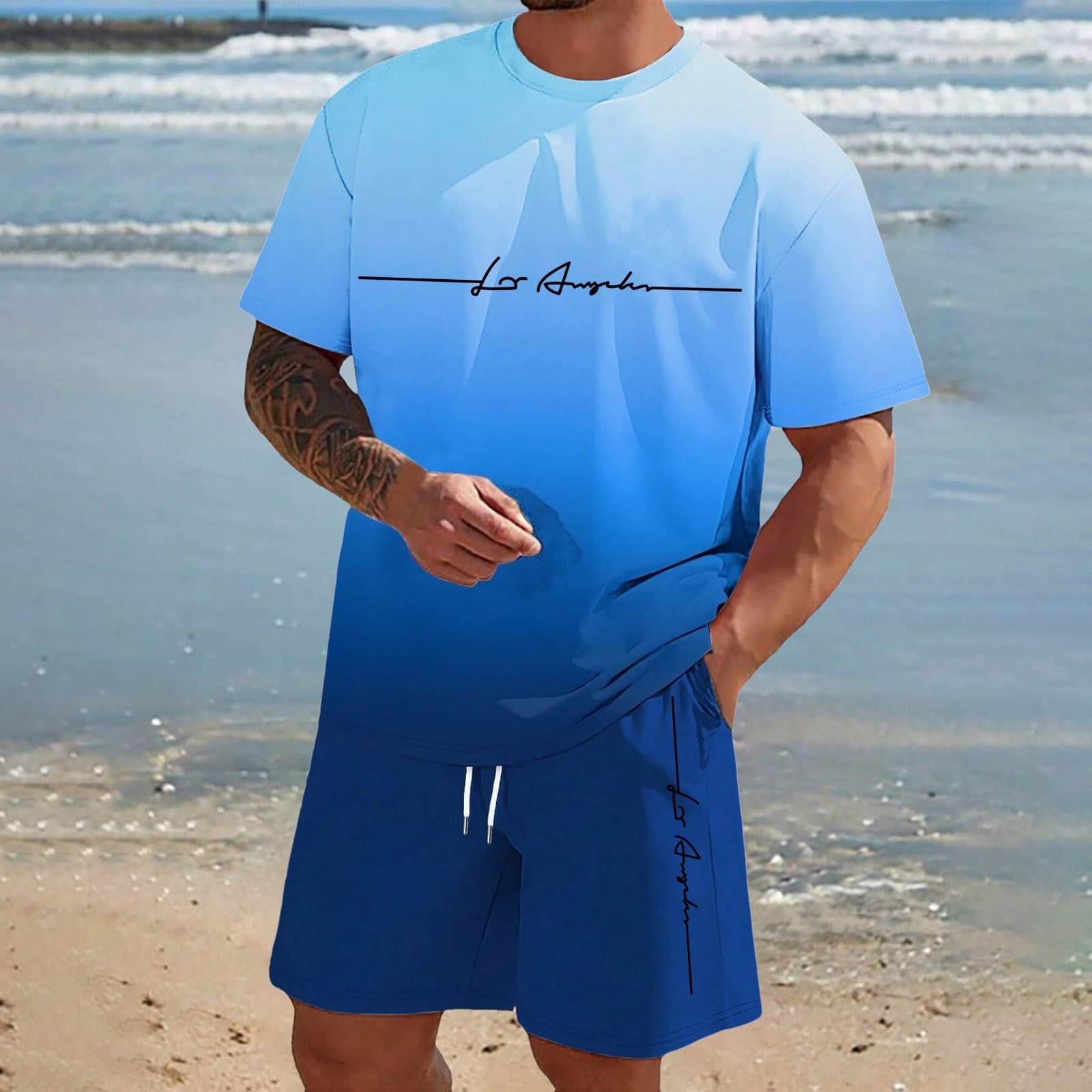 2026 Summer Men's Short Sleeve Shorts Suit Daily Casual Sports Gradient Letters 3D Printing Cross-Border Large Size