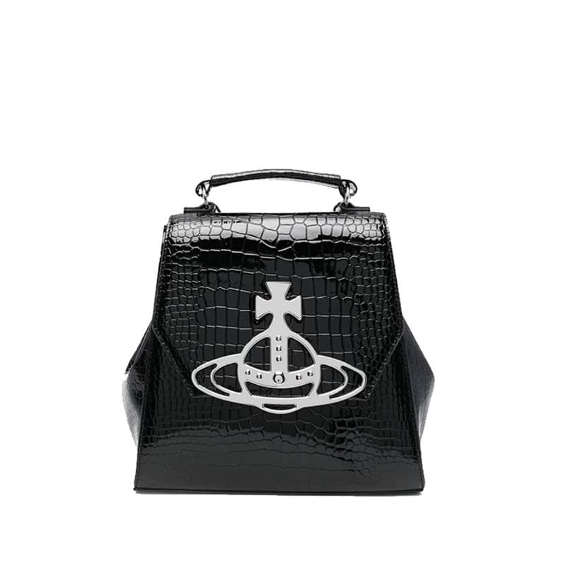 [Counter Level Quality] Queen Mother Crocodile Pattern Backpack Saturn Big Logo Sweet Cool Style Large Capacity Black Backpack