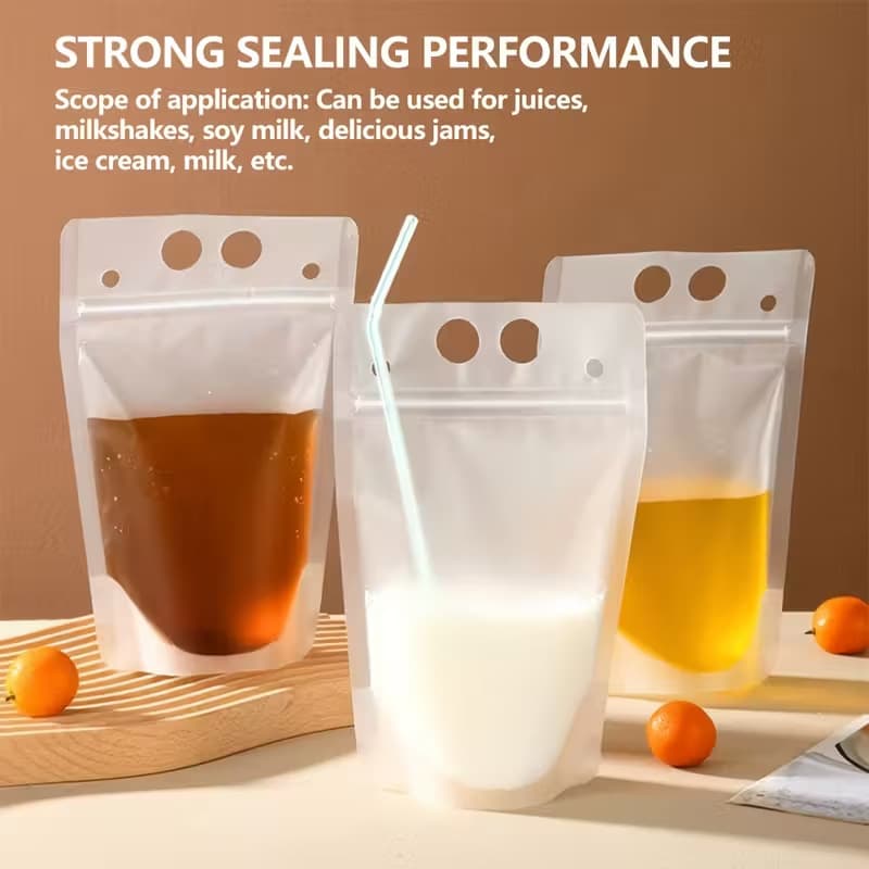 Disposable Cold Drink Bags for Fruit Tea, Coffee, Milk Tea, Handheld Pouches for Fruit and Lemon Tea, Self-Sealing Transparent Bags