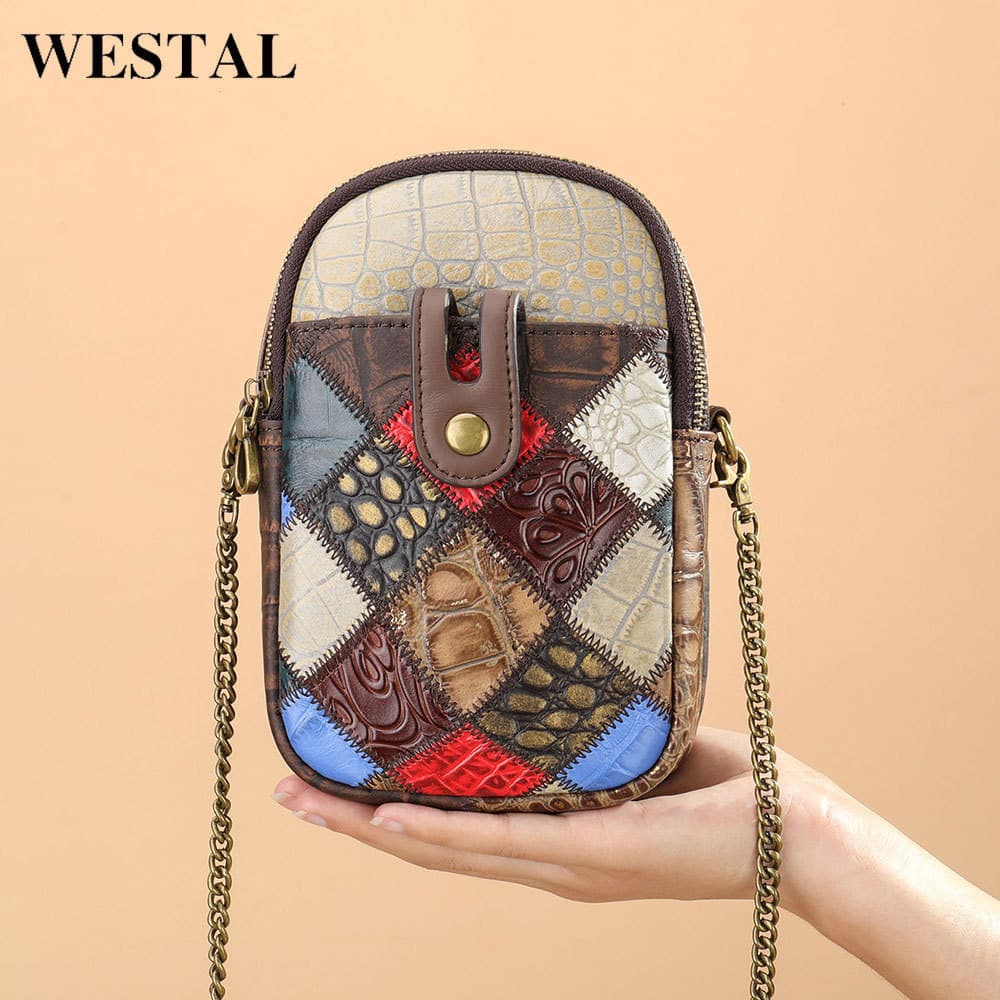 Vintage Patchwork Women's Shoulder Bag, Top-Layer Cowhide Fashion Small Crossbody Bag, Trendy Vertical Phone Bag for Women