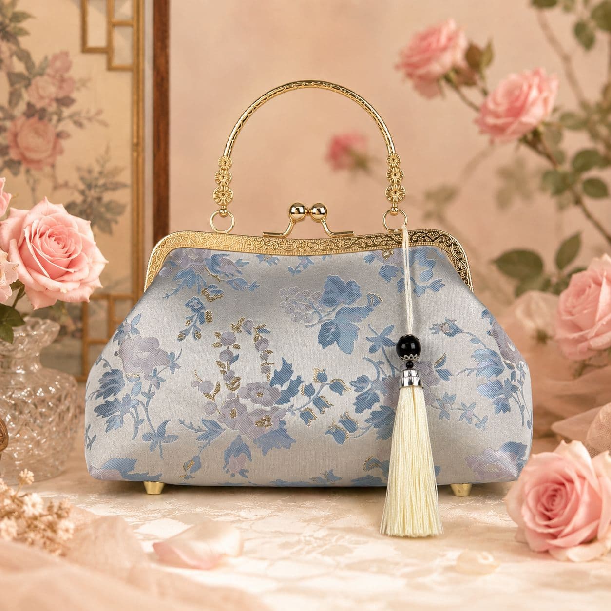 Dinner bag, new Chinese-style cheongsam bag, clip-mouth bag, live-stream women's bag, cross-border bag, runway bag