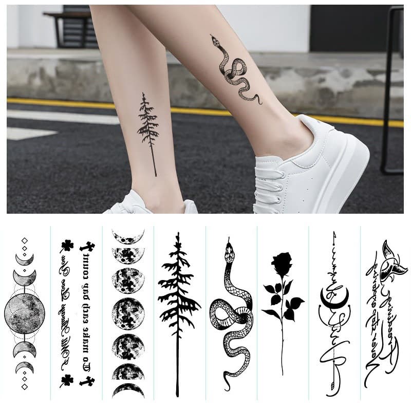 New Long Strip Small Pattern Moon Black Rose Snake English Arm Chest Leg Disposable Temporary Tattoo Stickers