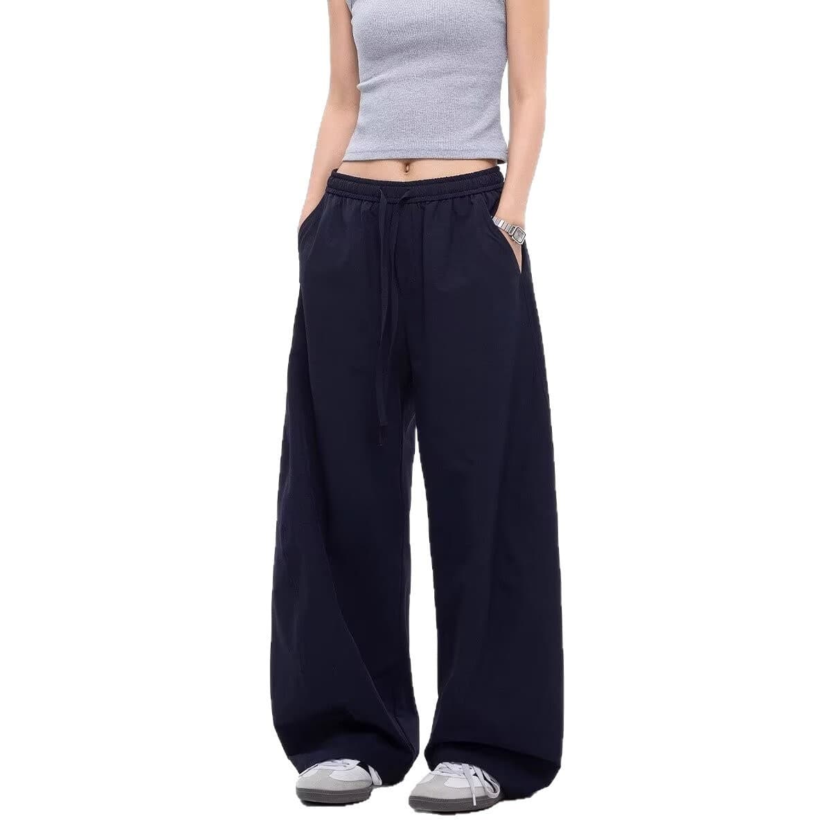 American Style Navy Blue Curved Blade Casual Pants for Men and Women, Summer Cool-Feel Quick-Dry Relaxed-Fit Trousers, Drapey Wide-Leg Pants