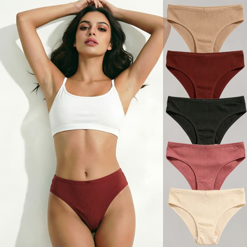 Cross-border Pure Cotton Ribbed Women's Triangle Panties Solid Color Mid-Waist Lifting Breathable Double-Layer Cotton Gusset High Elasticity Girls' Underwear