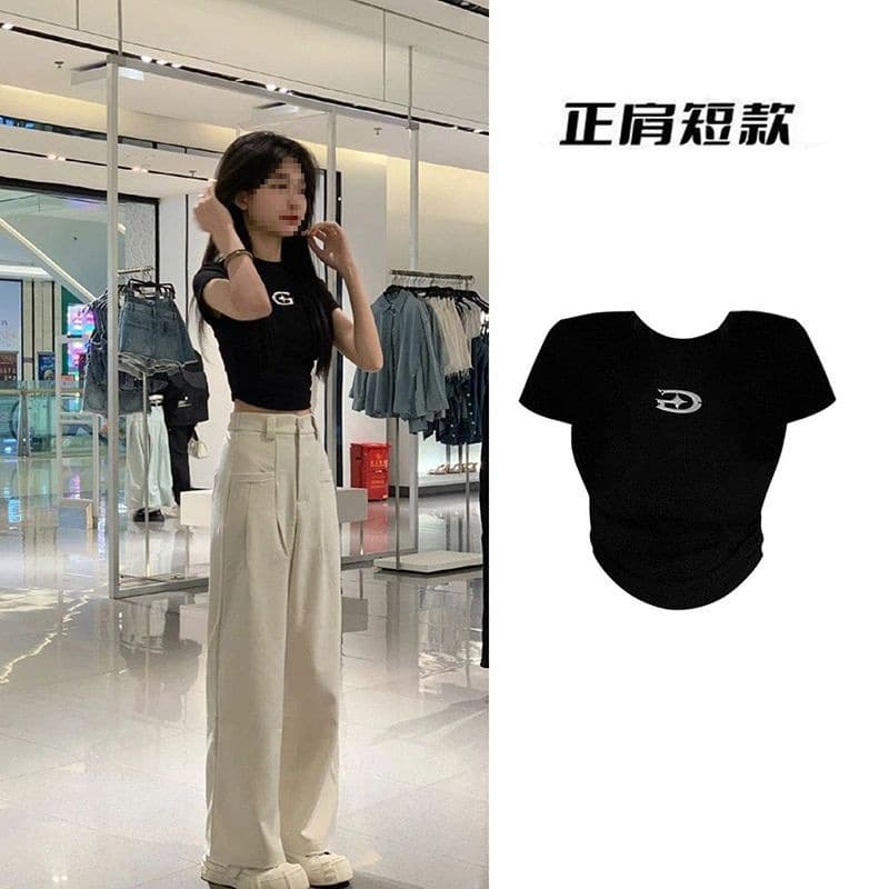 Women's High-Waist Short-Sleeve American Crop Top Slim Fit Summer Revealing Belly Button T-Shirt for Petite