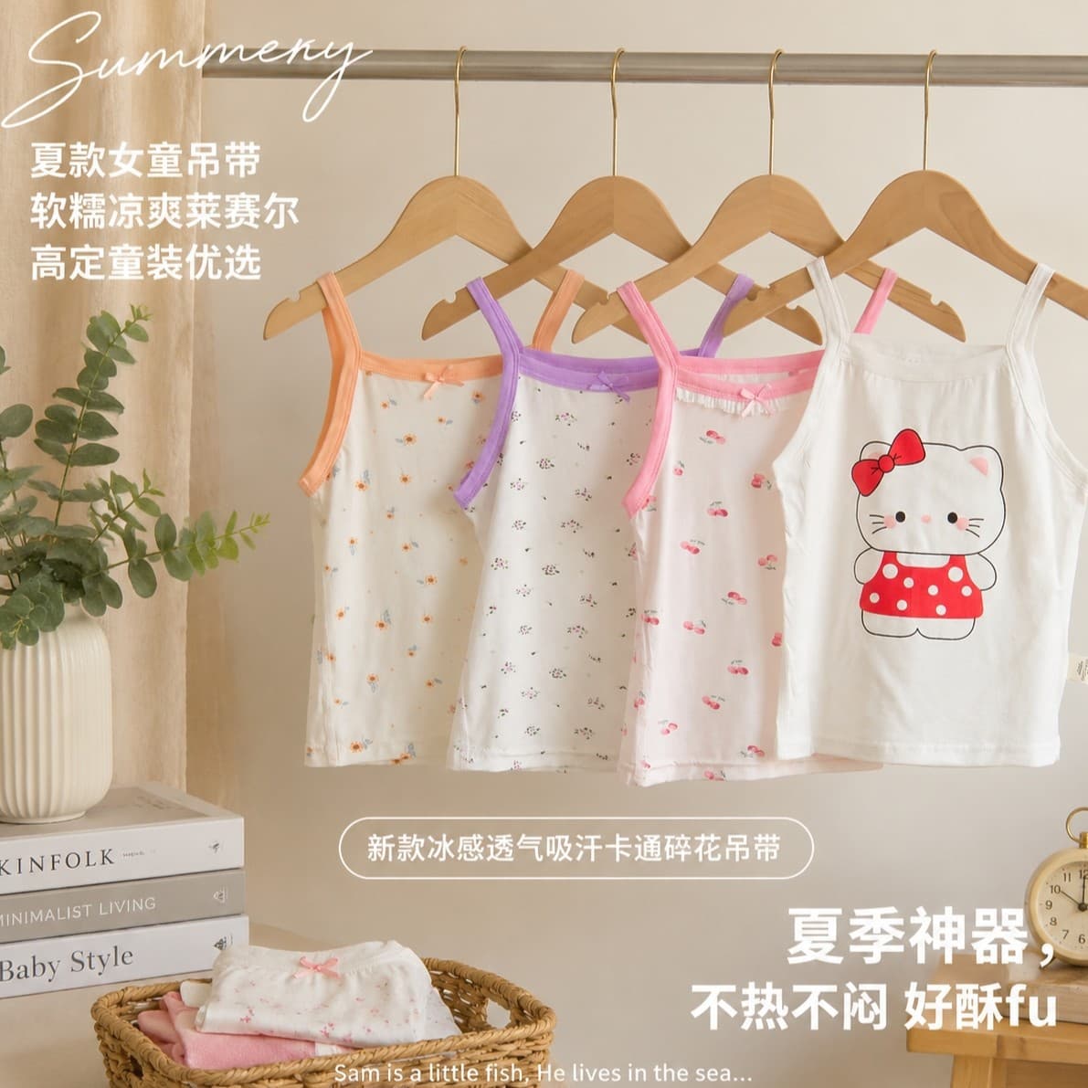 Girls' Summer Cool Thin Lyocell Pajamas, Children's Cartoon Floral Home Tank Tops