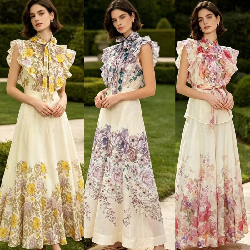 European and American socialites' elegant and high-end floral ruffled shirts with high waist and large hem, retro skirt and long skirt suit.