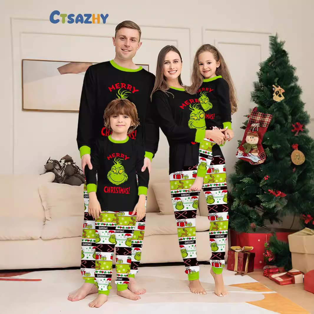 Amazon Temu New Christmas Cartoon Family Pajamas Europe & America Long Sleeve Pants Letter Print Homewear Sets