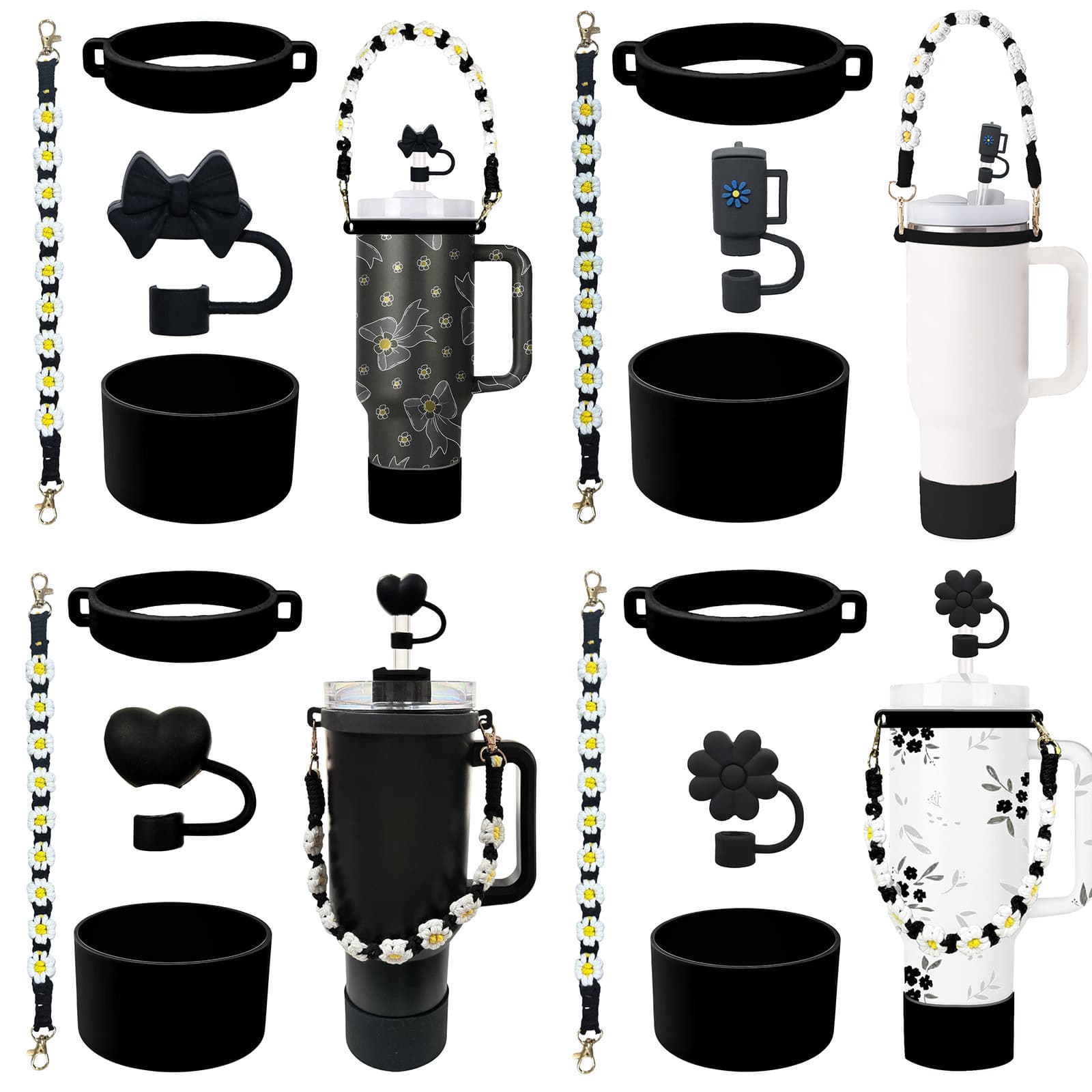 Stanley Cup Accessories 4-Piece Set Daisy Portable Handle Strap Woven Coffee Cup Tea Cup Carrying Strap