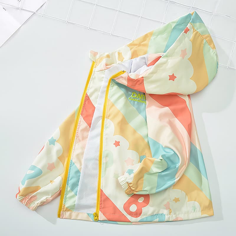 Girls Spring Autumn Jacket Lightweight Children's Windbreaker Coat Trendy Brand Round Neck Zipper Closure Long Sleeve Striped Pattern