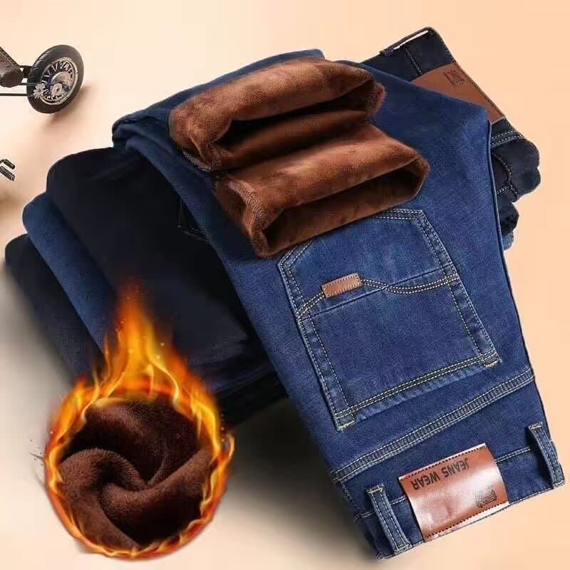 Autumn and Winter Jeans Men's Fleece-Lined Thickened Straight Loose Plus Size Men's Work Warm Winter Out Cold-Proof Men's Pants