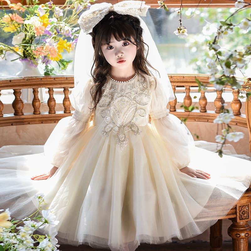 Girls Spring Children's Wedding Flower Girl Tulle Dress for Runway Host Piano Performance, Girls Princess Gown