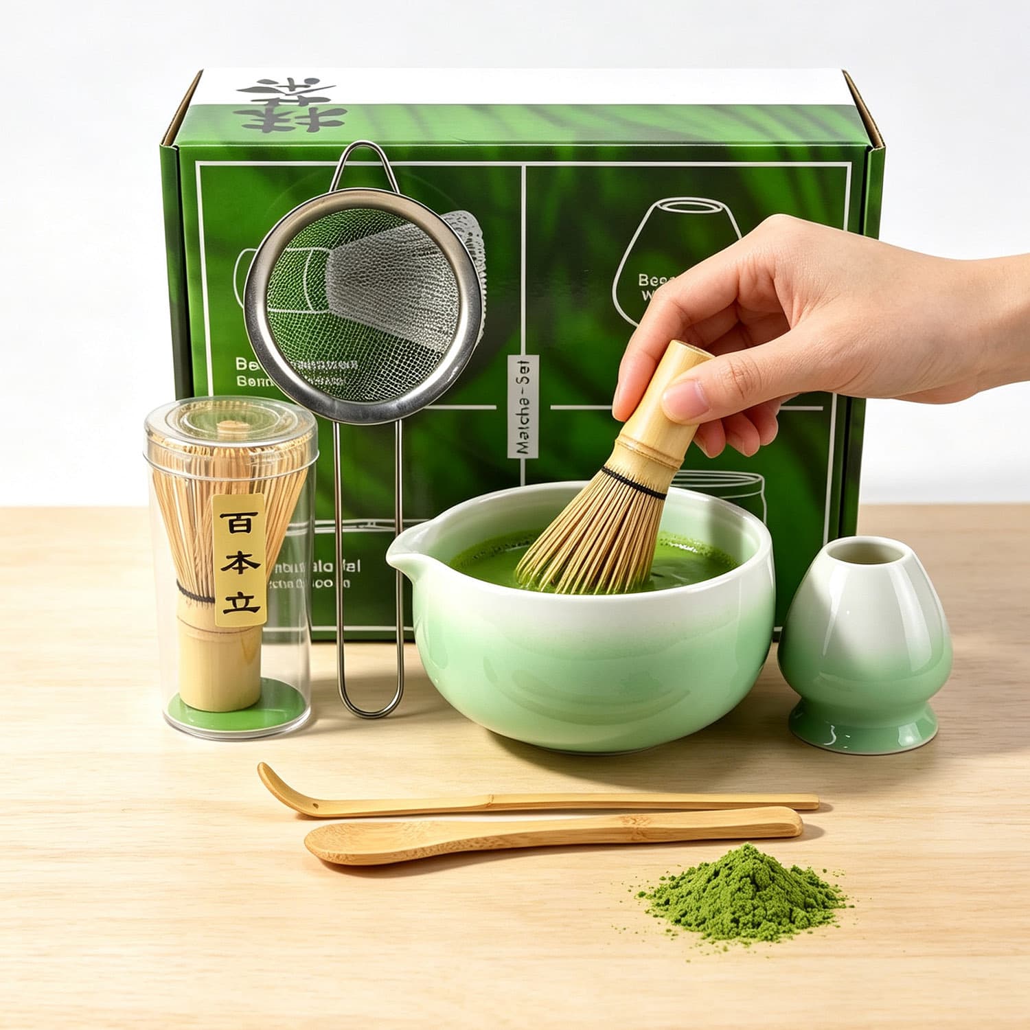 Cross-border Chasen Japanese Hundred-Bristle Matcha Whisk, Matcha Whisk Stand, Tea Ceremony Gift Set with Matcha Bowl