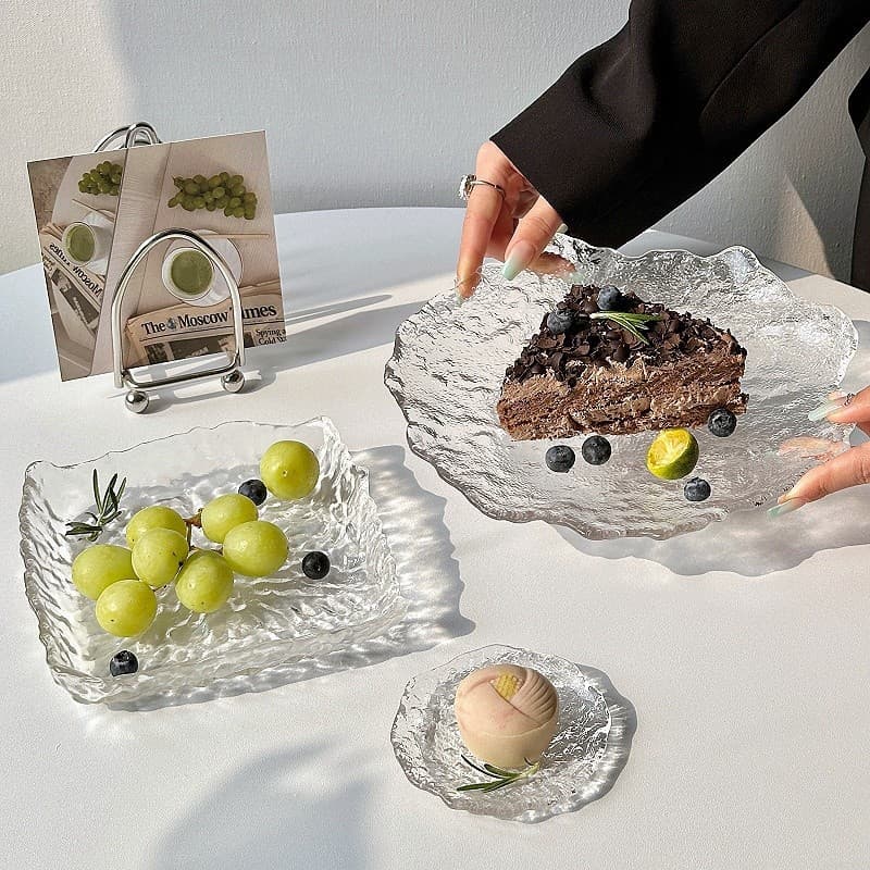 Japanese style ins style irregular glacier glass plate home dessert plate fruit plate round dessert tray tableware