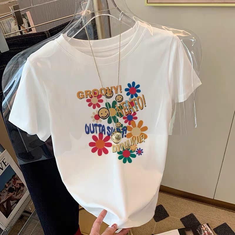 2024 New Shoulder Cotton Short-sleeved T-shirt Women's Ins Casual Fashion All-match Age-reducing Western Style Round Neck Top for Summer
