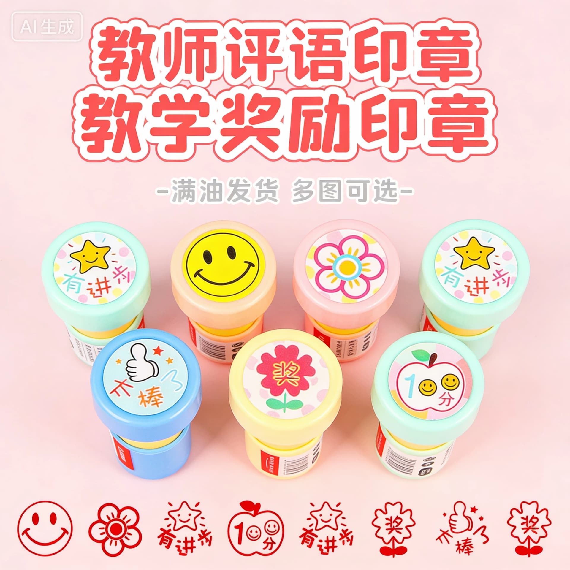 Kids Reward Stamp, Teacher's Small Stamp with Red Flower, Cartoon Seal for Kindergarten and Elementary School Students, Teacher Grading Stamp