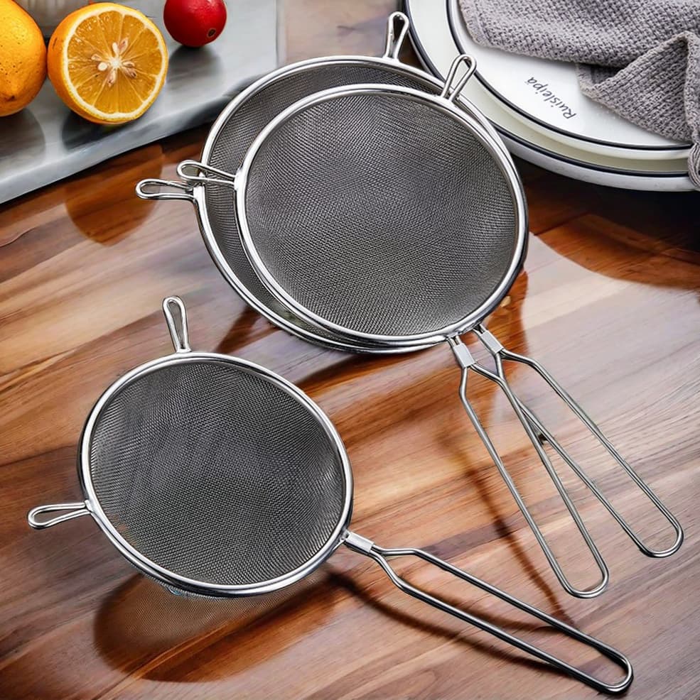 Baking Stainless Steel Flour Filter Sieve, Soy Milk Filter, Cooking Skimmer, Double-Eared Mesh Strainer, Snack French Fry Frying Net