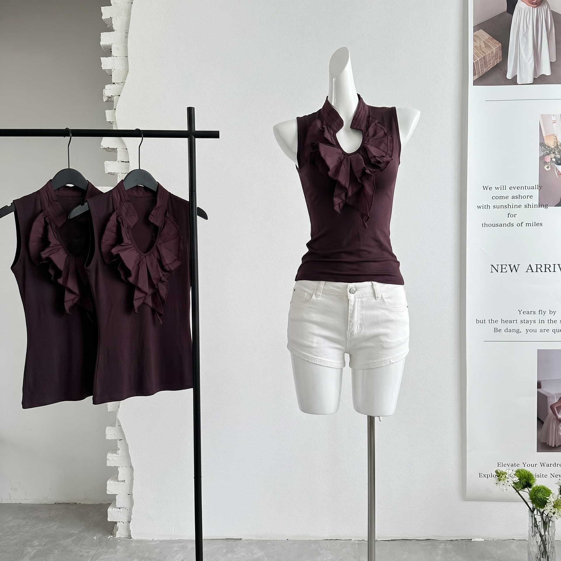 Templemai ruffled drop collar Tencel wool slim fit casual style design stretch vest purple Templeai glossy surface