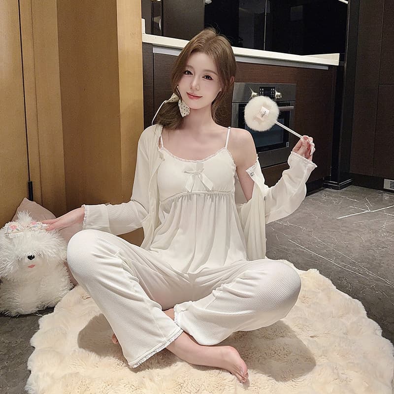 Processed and customized modal pajamas for women winter suspender trousers and nightgown three-piece suit sexy pure lust style with chest pad