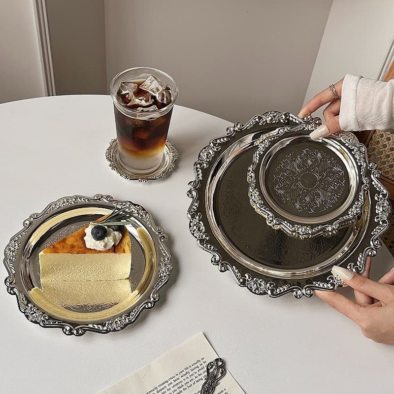 Large, Medium, Small Silver-Plated Cake Tray Afternoon Tea Dessert Plate Jewelry Storage Tray Decoration Dessert Stand Snack Dish Display