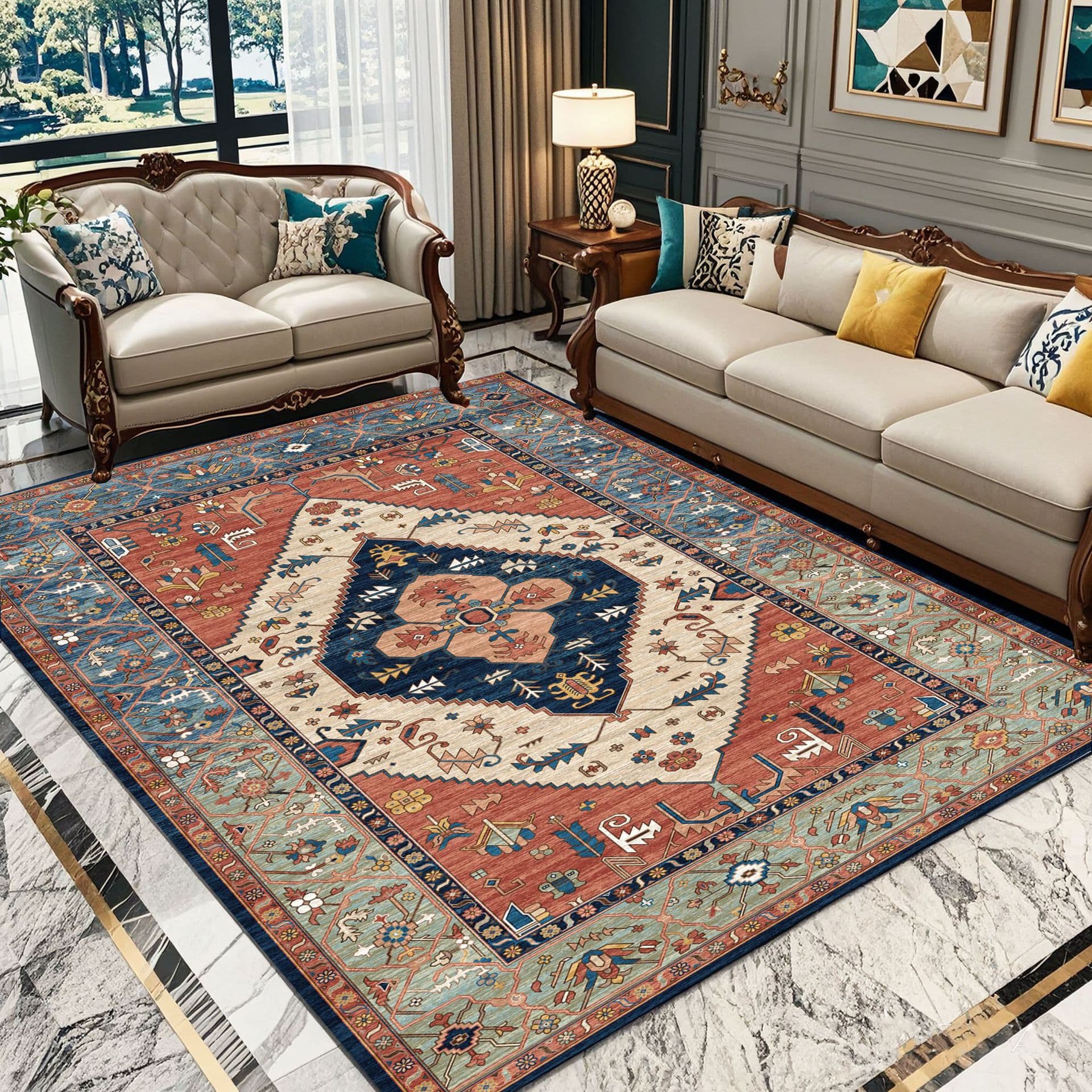 Persian Style Living Room Carpet, Sofa and Coffee Table Rug, Durable, Non-Slip, Easy to Clean, Crystal Velvet Bedroom Rug