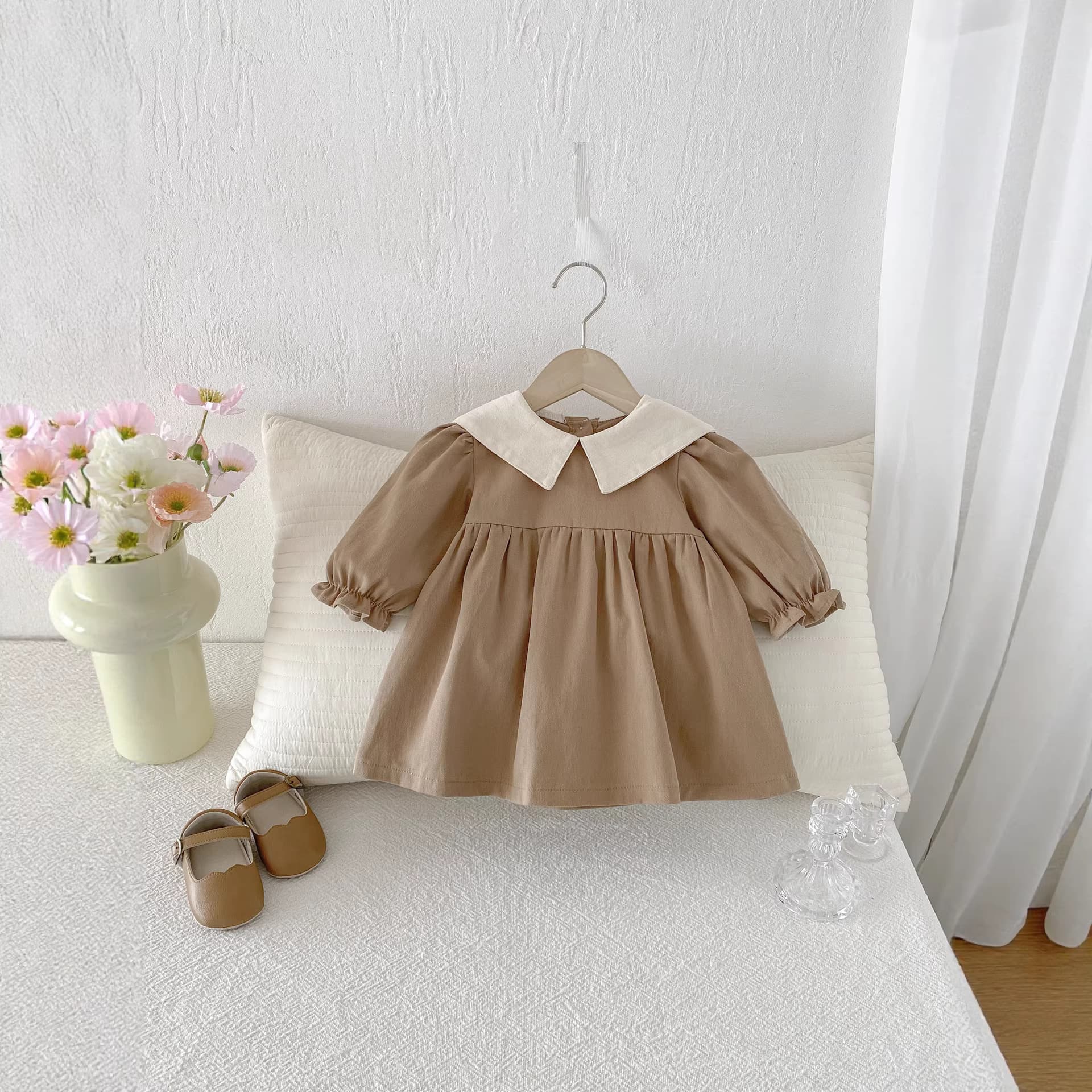 Girl's Long Sleeve Dress with Peter Pan Collar, Baby Toddler Kids Dress, Korean Style Turn-down Collar Princess Dress, Cotton for Young Children