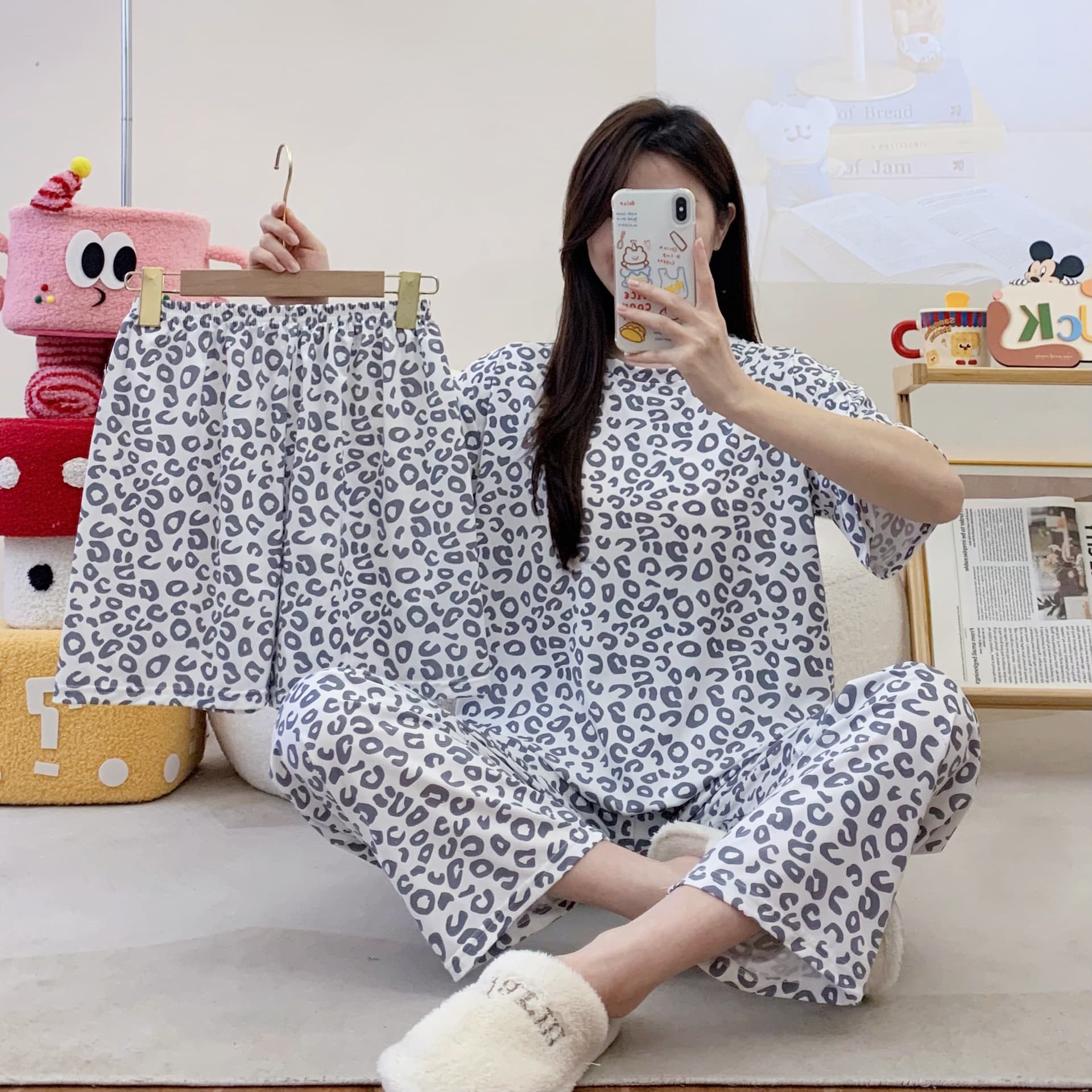 Summer Cotton-Like Pajama Set for Women Short Sleeve 3-Piece Cartoon Casual Loungewear Set