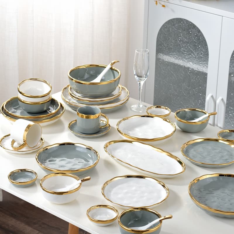 Nordic Light Luxury Gold Rim Bowl Plate Dish Set Round Plate Oval Plate Vegetable Plate Steak Plate Salad Bowl Soup Bowl Rice Bowl