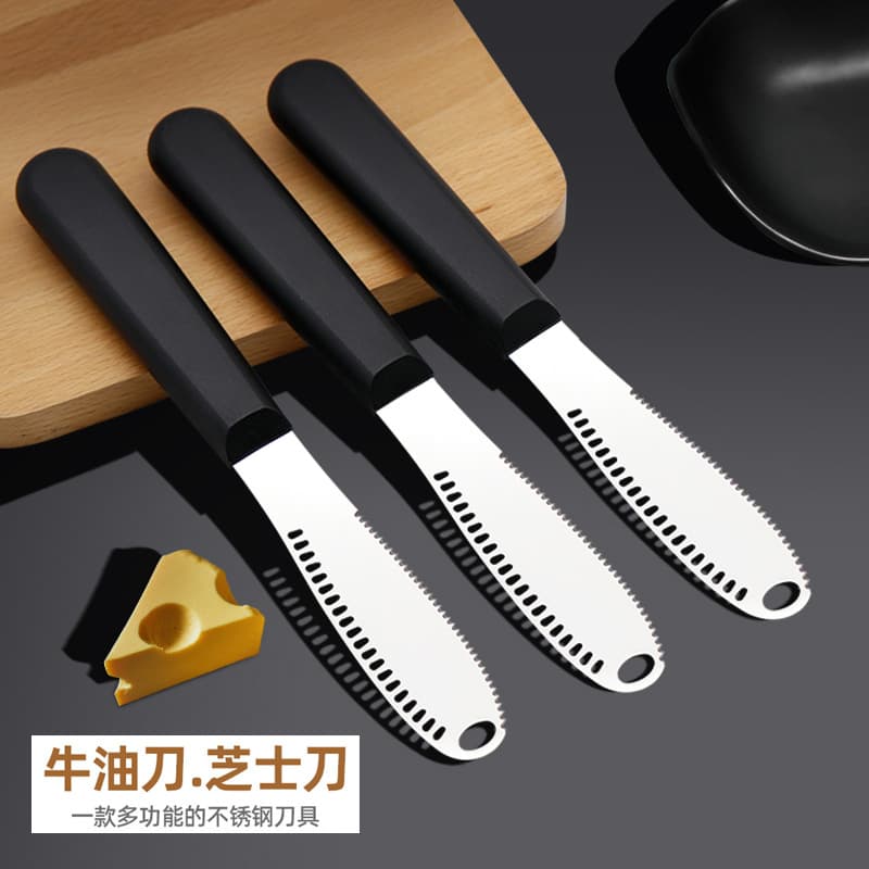 Wholesale stainless steel serrated cheese scraper, butter knife, bread, jam, and pizza spatula.