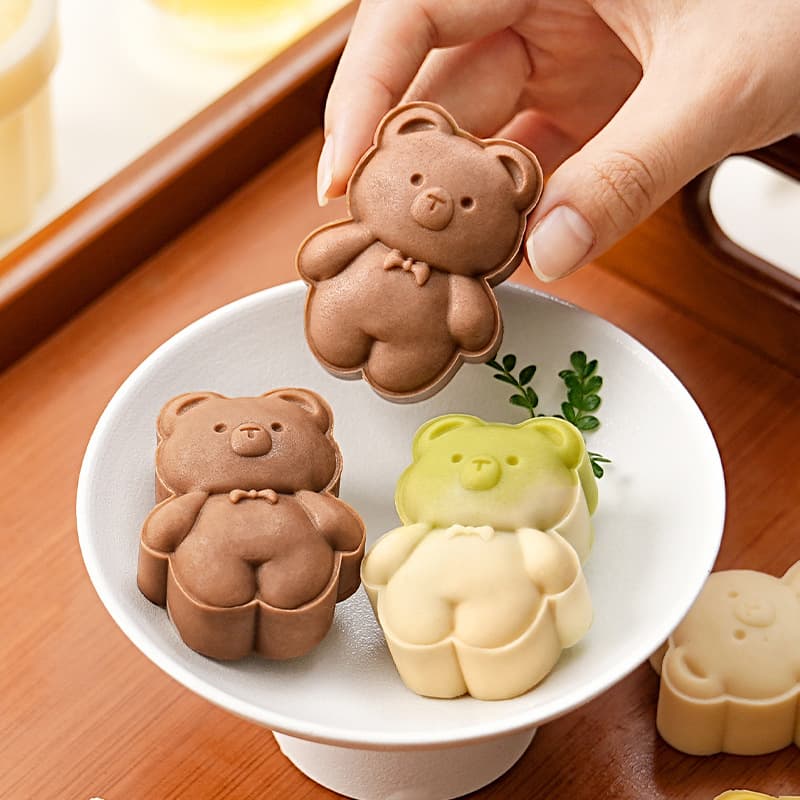 50g Cartoon Plush Bow Tie Bear Mung Bean Cake Molds, New Mooncake Making Dessert Hand-Press Baking Molds